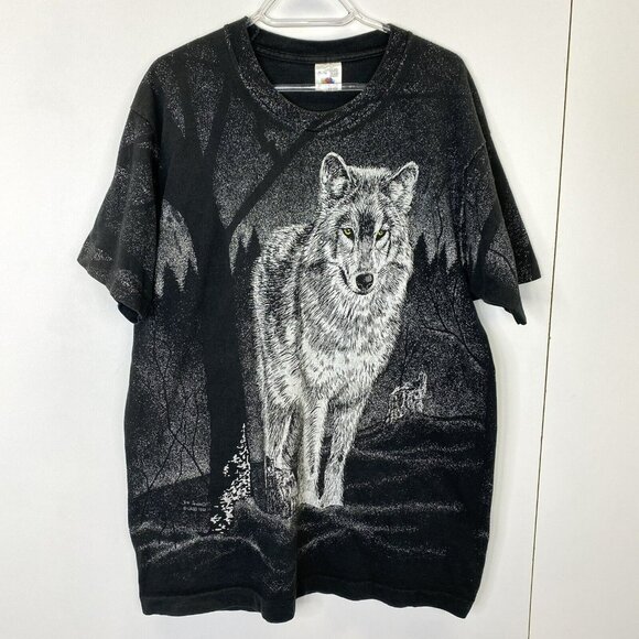 Vintage 1993 Allover Print T-Shirt Night Wolf Snow Mens Large Black Crew Neck - Picture 1 of 4